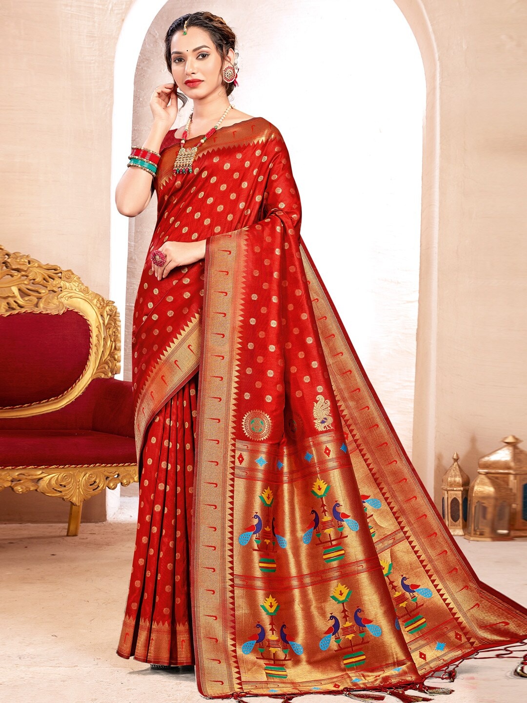 Mitera Ethnic Motifs Woven Design Zari Paithani Saree, Red
