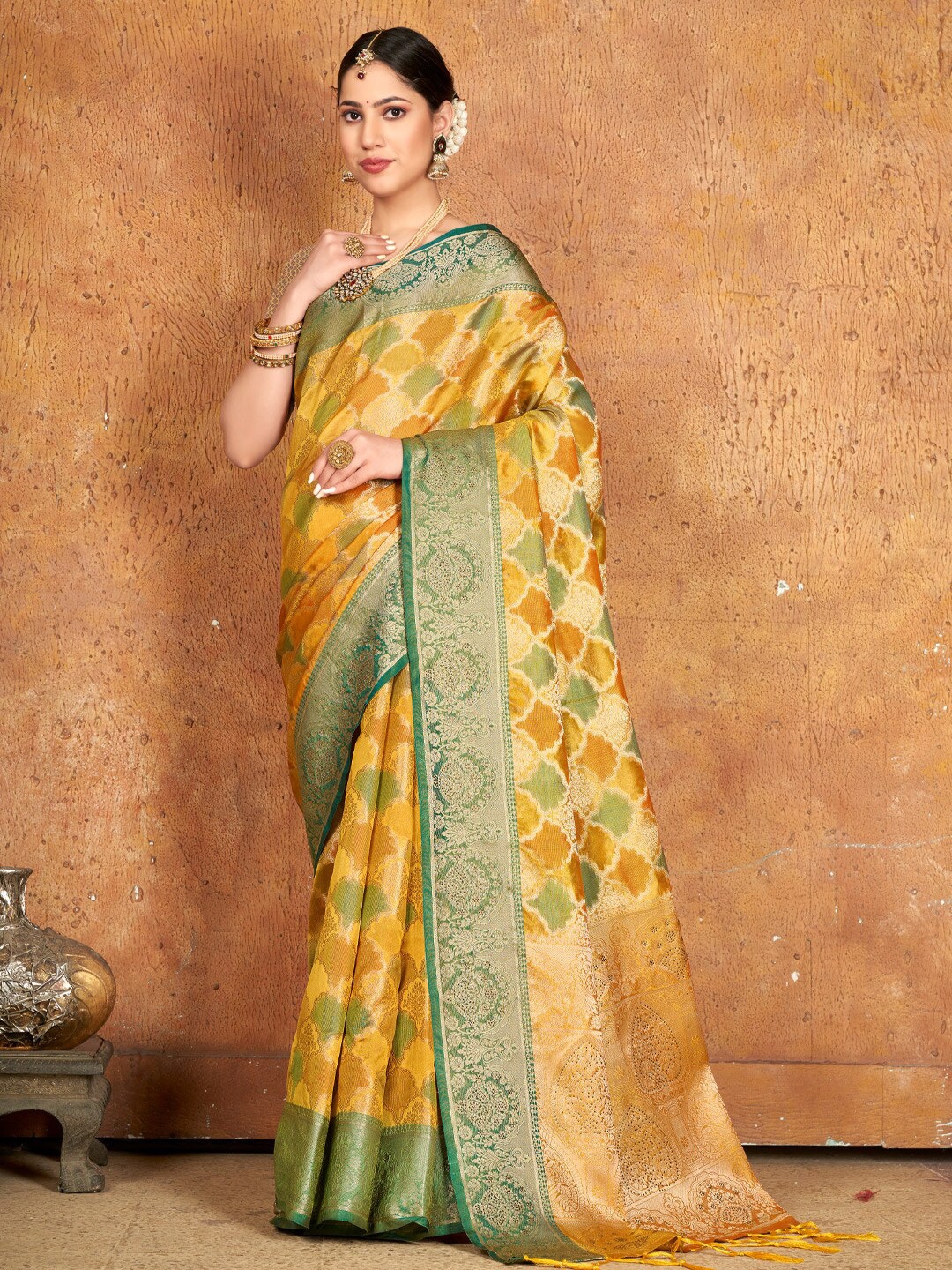 

Mitera Geometric Woven Design Zari Organza Saree, Yellow