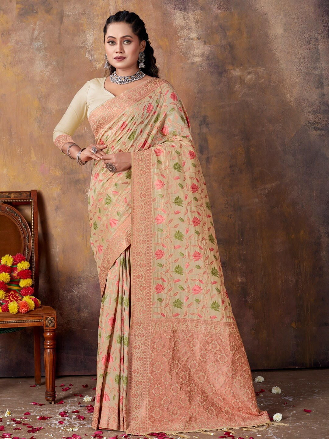 

Mitera Floral Woven Design Zari Saree, Cream
