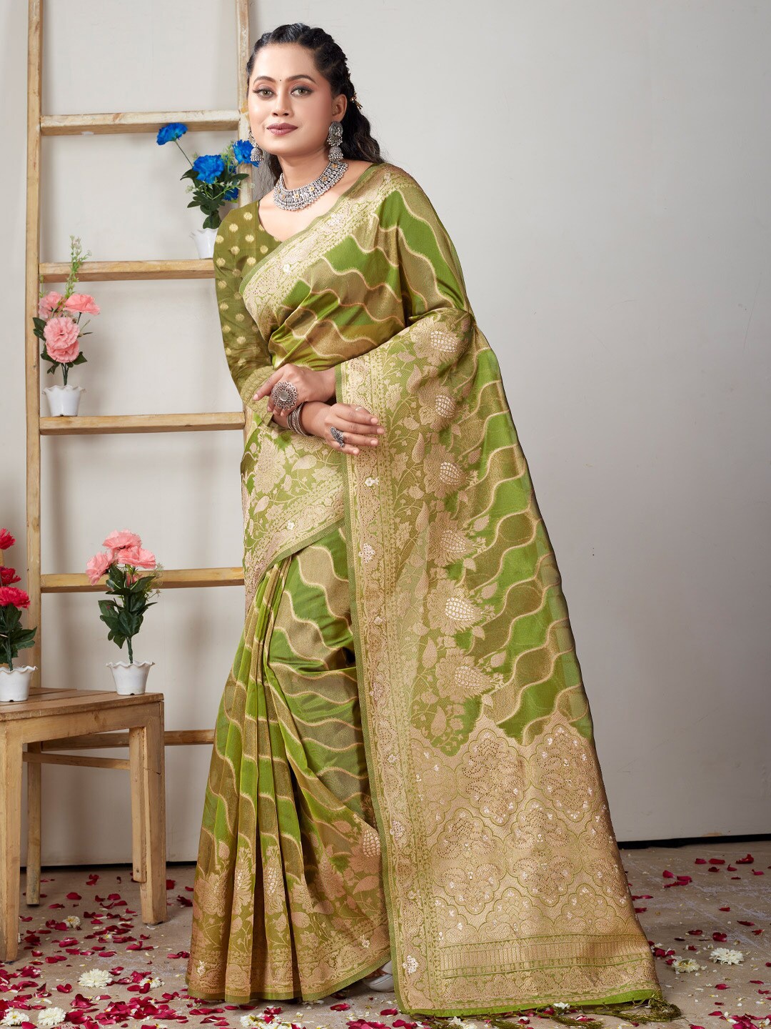 Mitera Floral Woven Design Zari Organza Saree, Green
