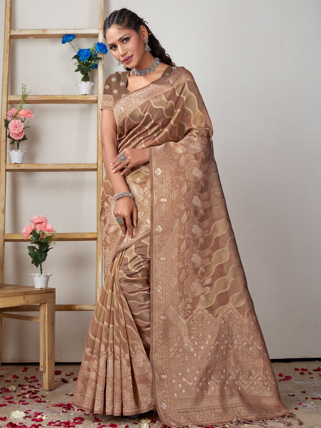 Mitera Striped Woven Design Zari Organza Saree, Brown