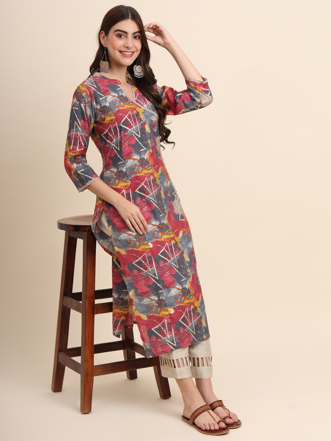 

FABDYOR Printed Cotton Mandarin Collar Straight Kurta, Red