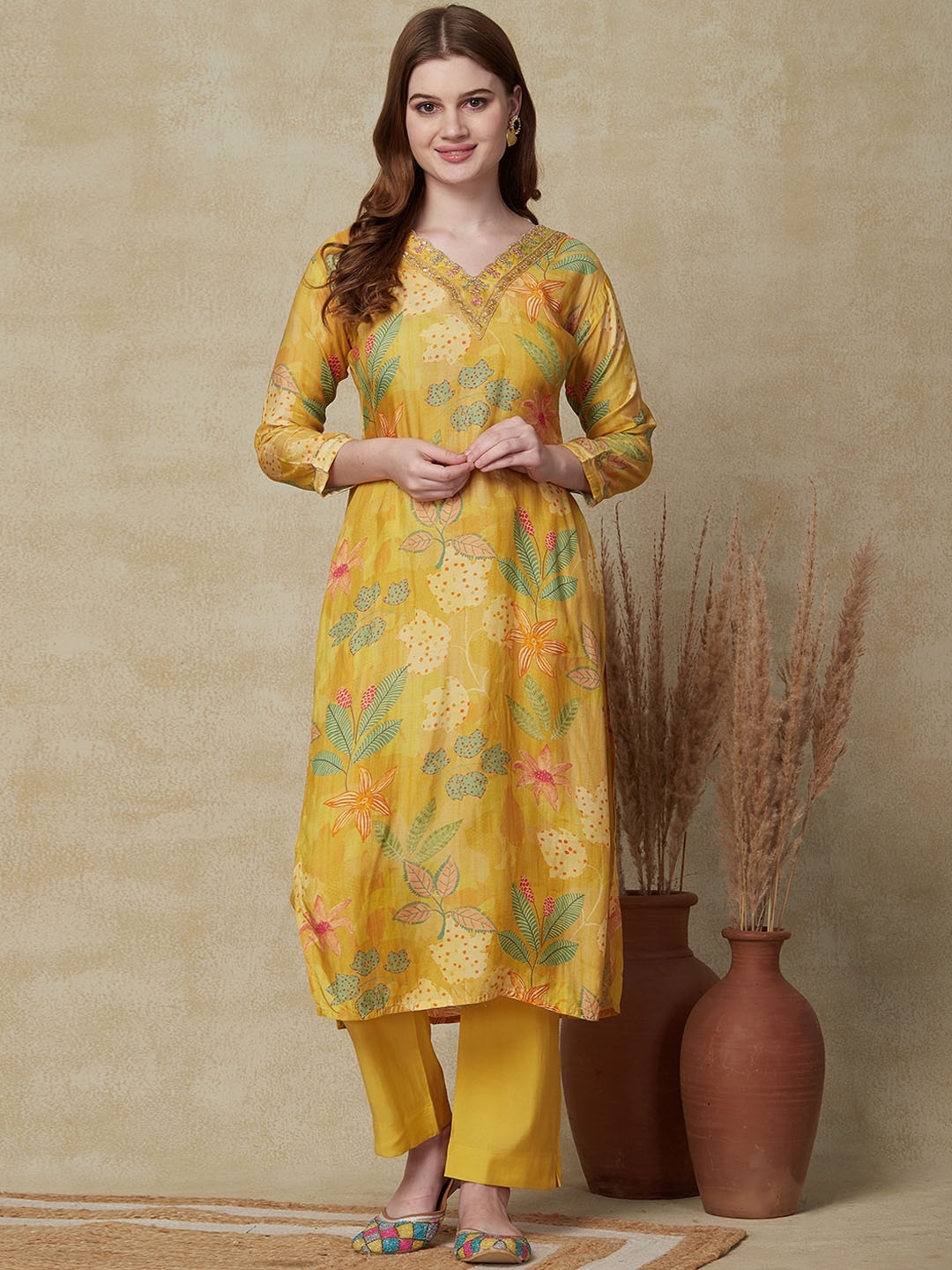 

FASHOR Floral Printed V Neck Thread Work Kurta with Trousers & With Dupatta, Yellow