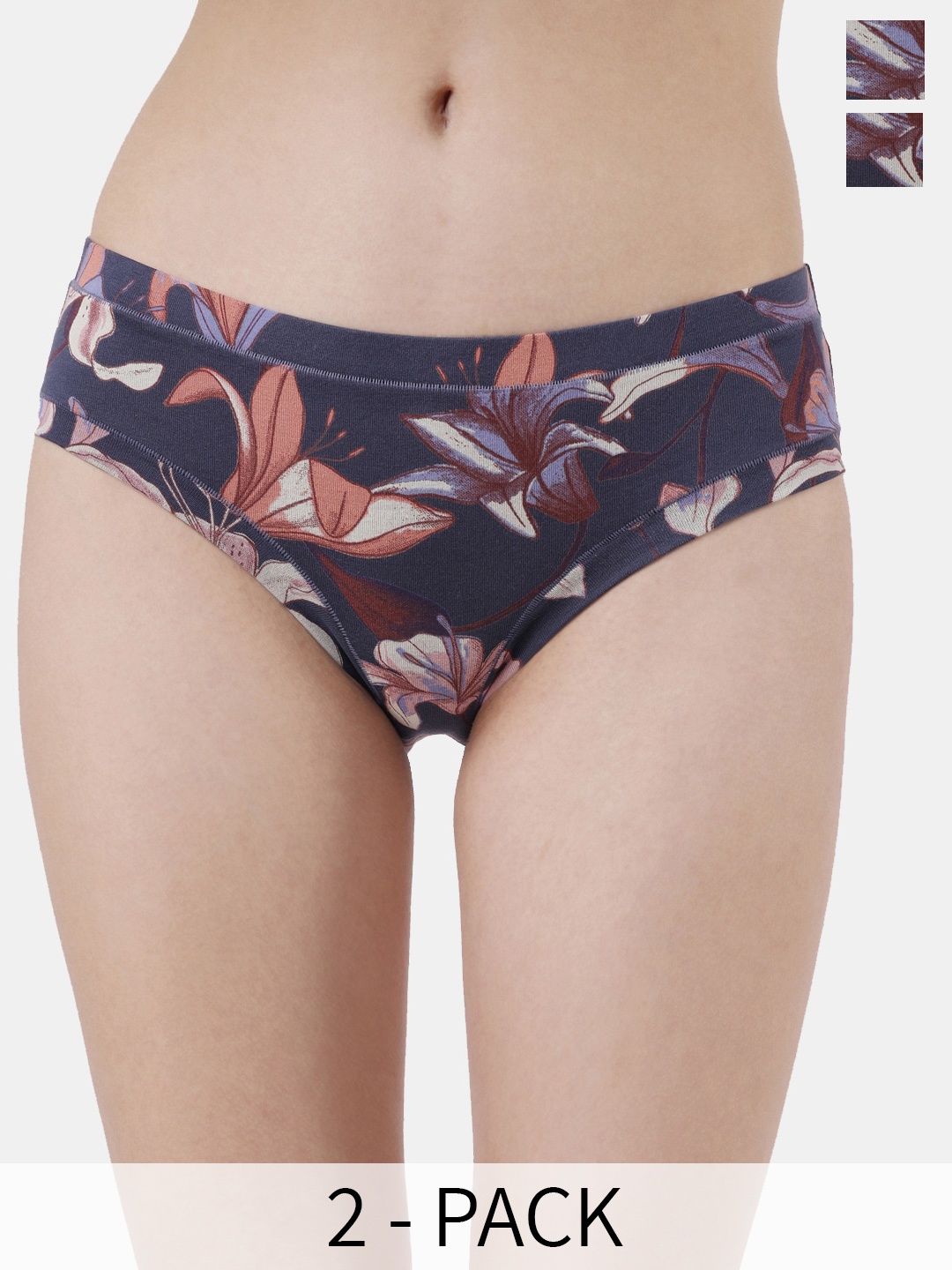 

Soie Pack Of 2 Floral Printed Mid-Rise Hipster Briefs, Navy blue