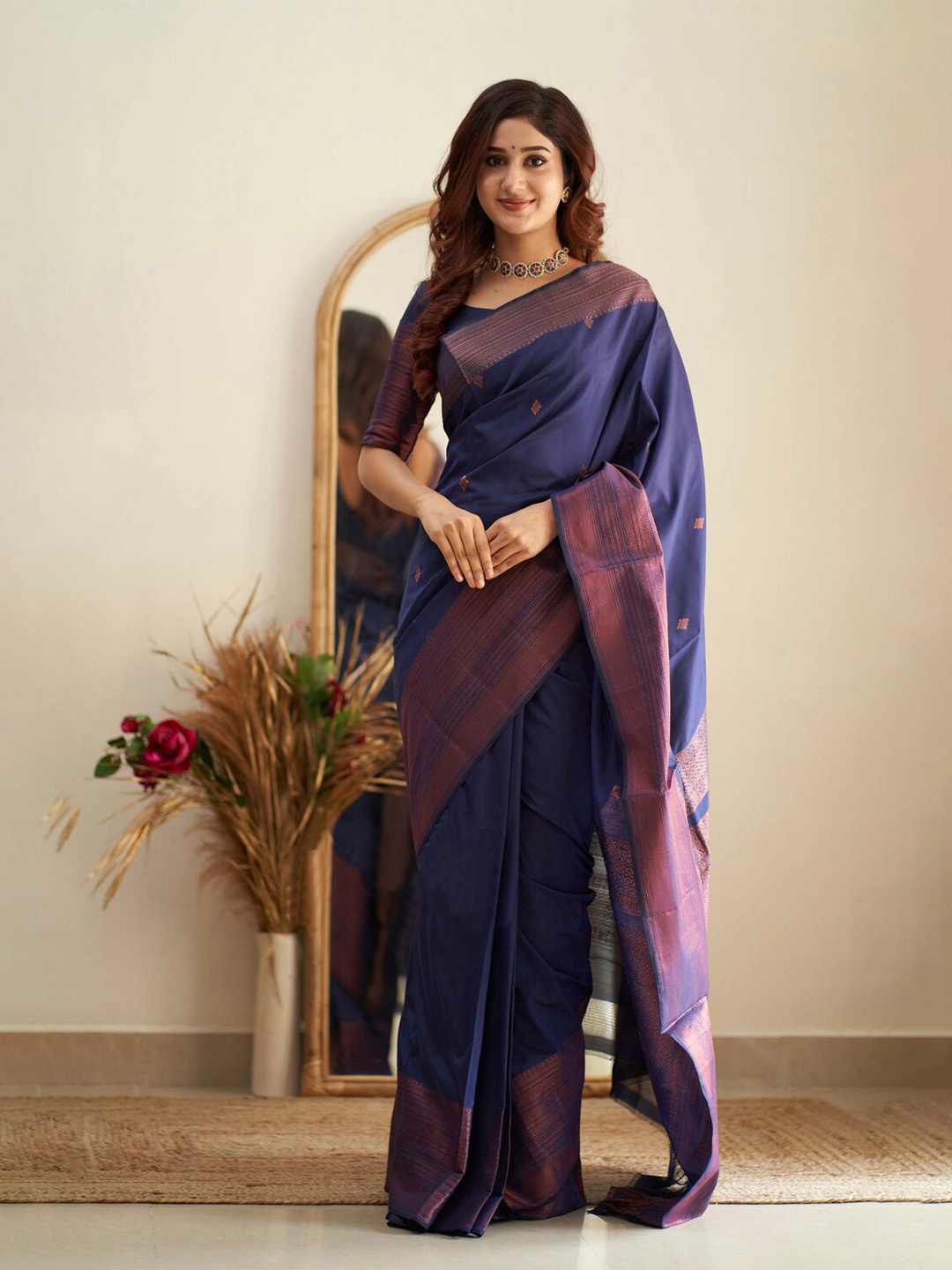 

HANDSEL Ethnic Woven Design Zari Pure Silk Banarasi Saree, Navy blue