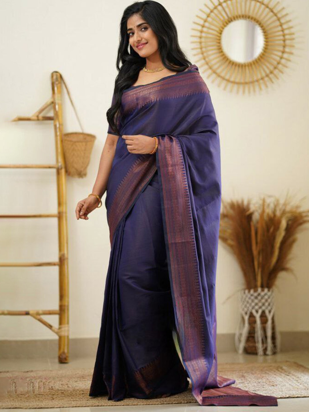 

HANDSEL Ethnic Woven Design Zari Pure Silk Banarasi Saree, Navy blue