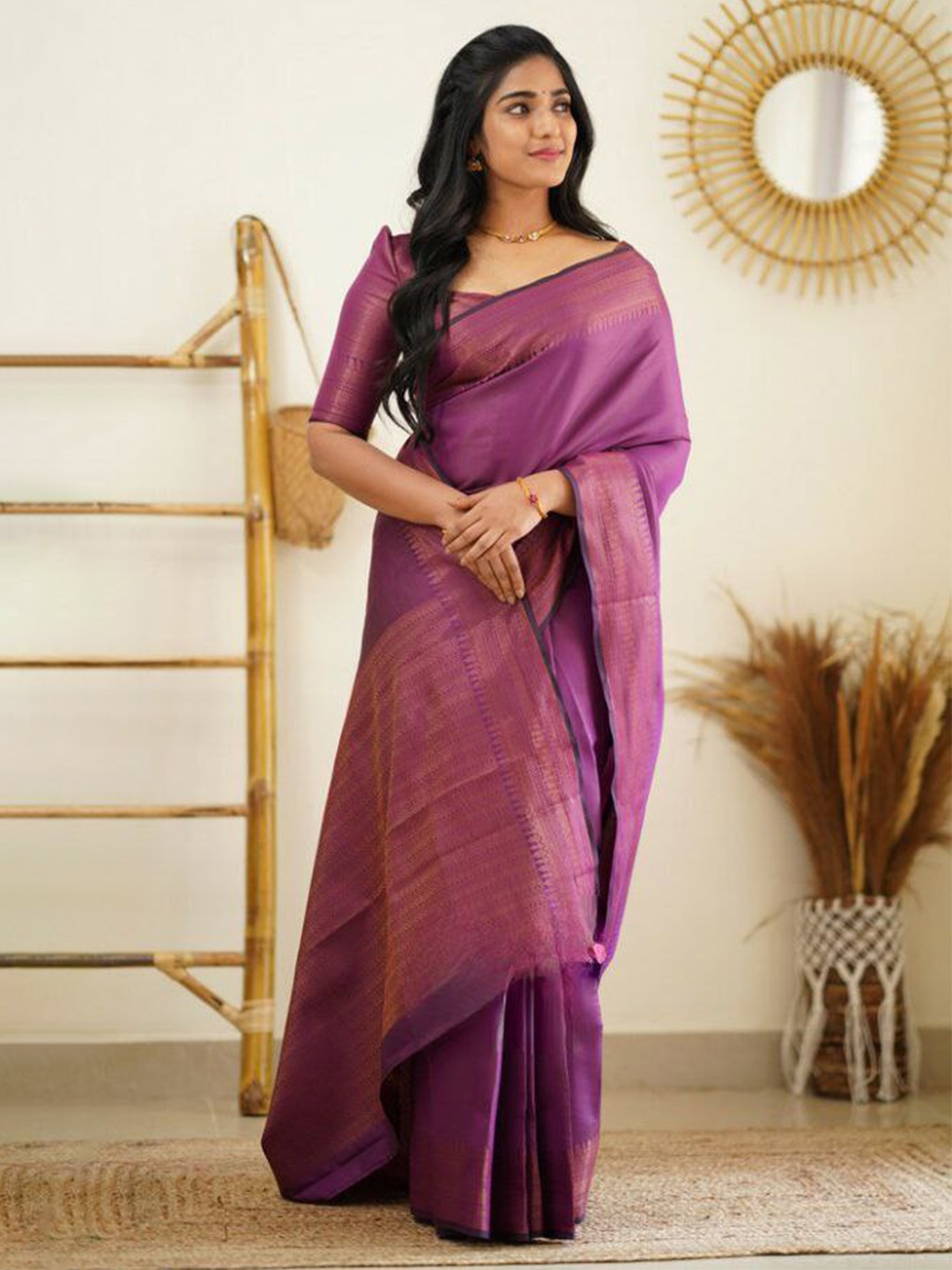 

HANDSEL Ethnic Woven Design Zari Pure Silk Banarasi Saree, Purple