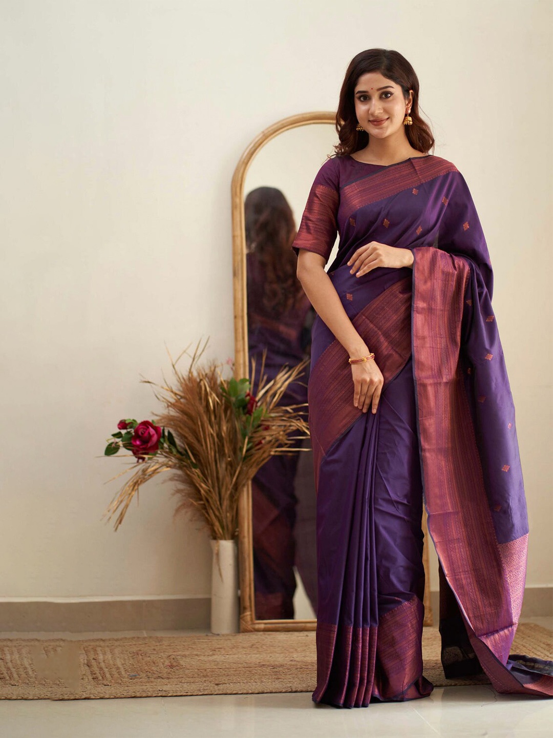 HANDSEL Ethnic Woven Design Zari Pure Silk Banarasi Saree, Purple