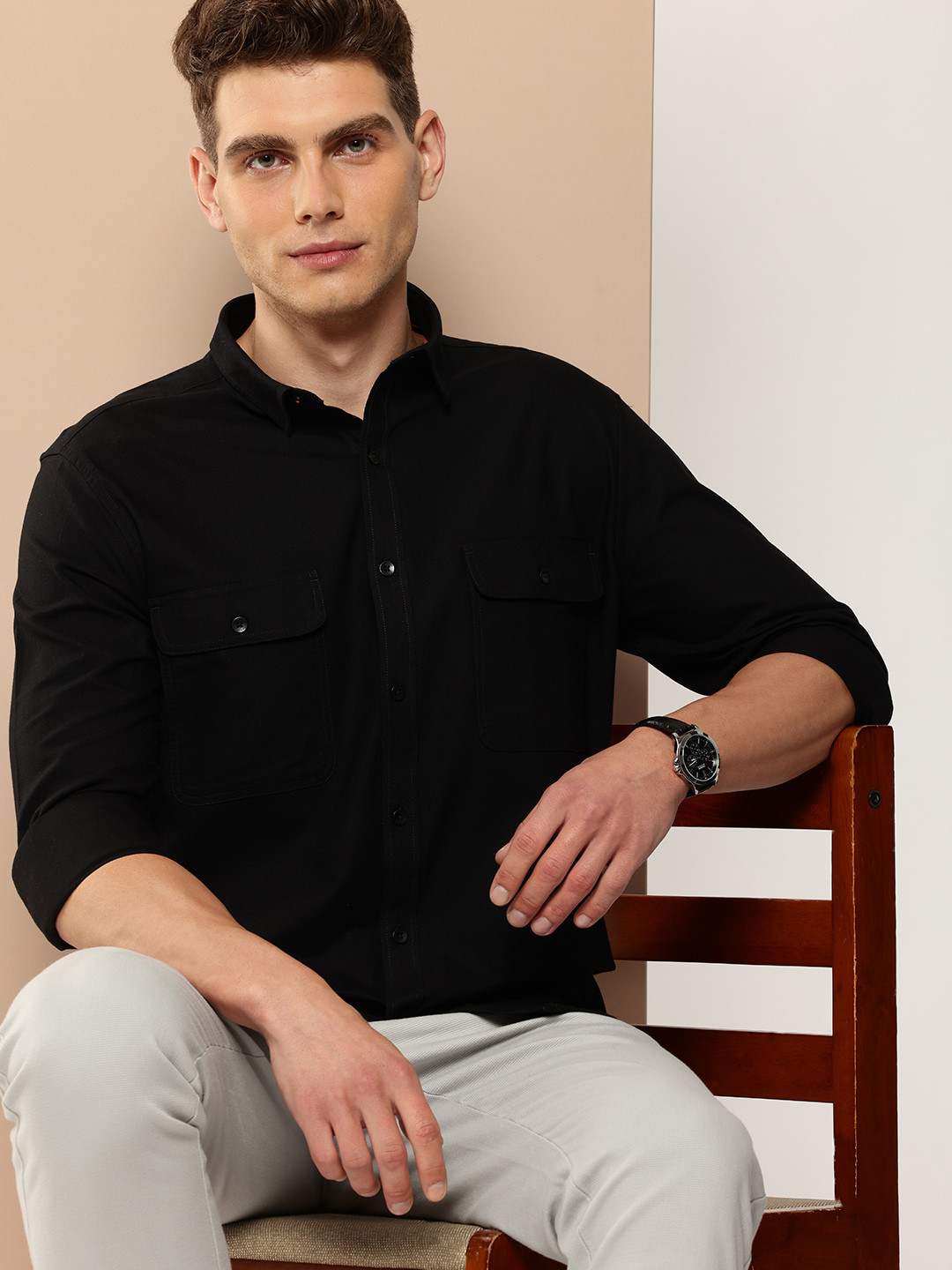 

INVICTUS Men Slim Fit Mandarin Collar Pure Cotton Casual Shirt, Black