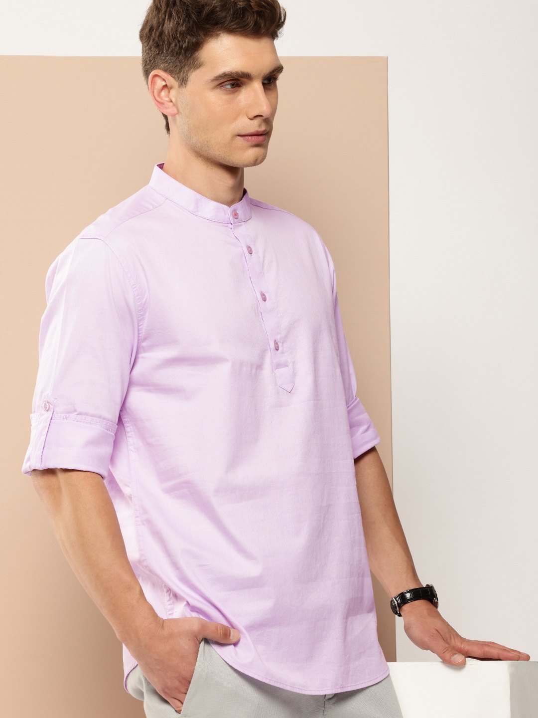 

INVICTUS Men Slim Fit Mandarin Collar Roll-Up Sleeves Pure Cotton Casual Shirt, Lavender