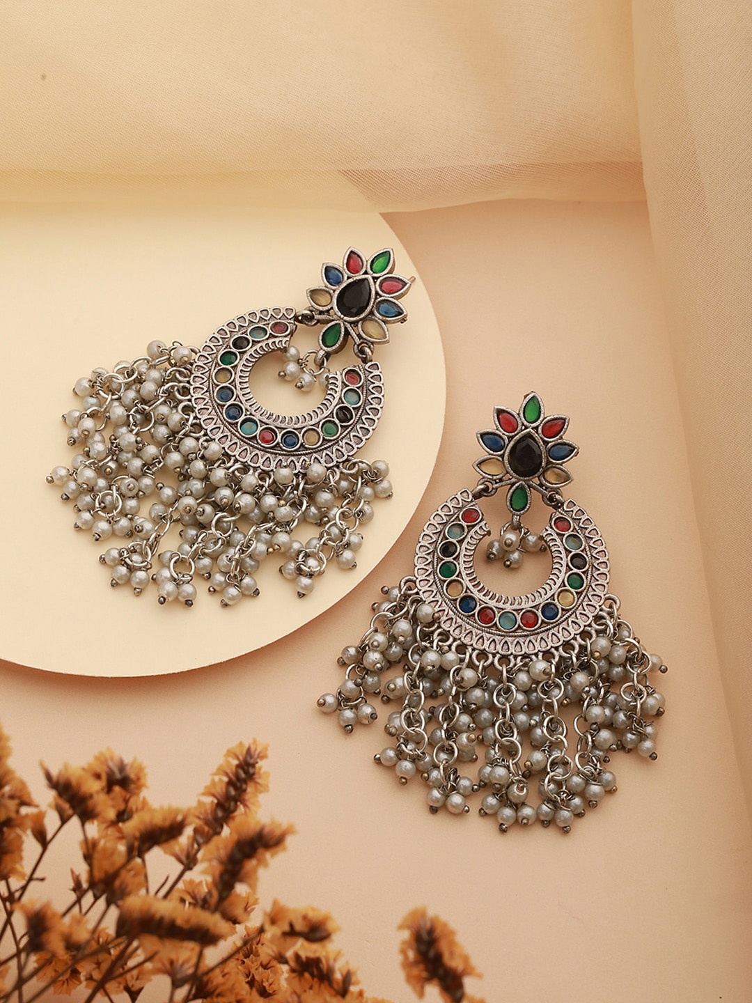 

Saraf RS Jewellery Rhodium-Plated Oxidised Contemporary Chandbalis, Silver