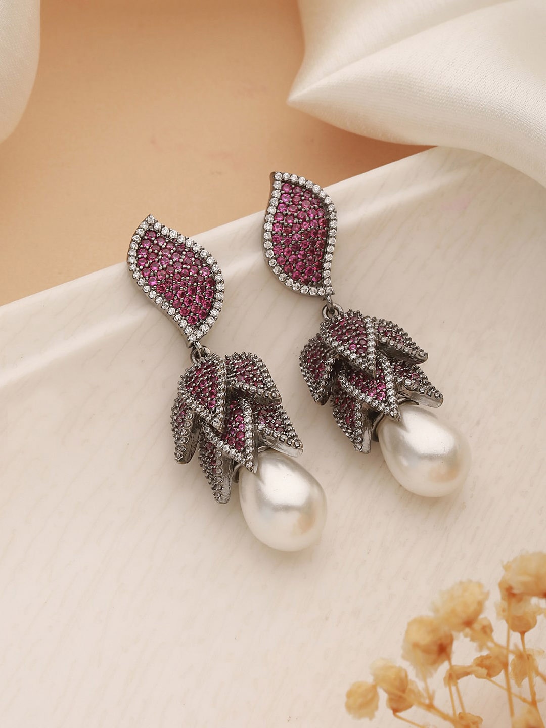 

Saraf RS Jewellery Silver Plated Cubic Zirconia-Studded & Beaded Drop Earrings