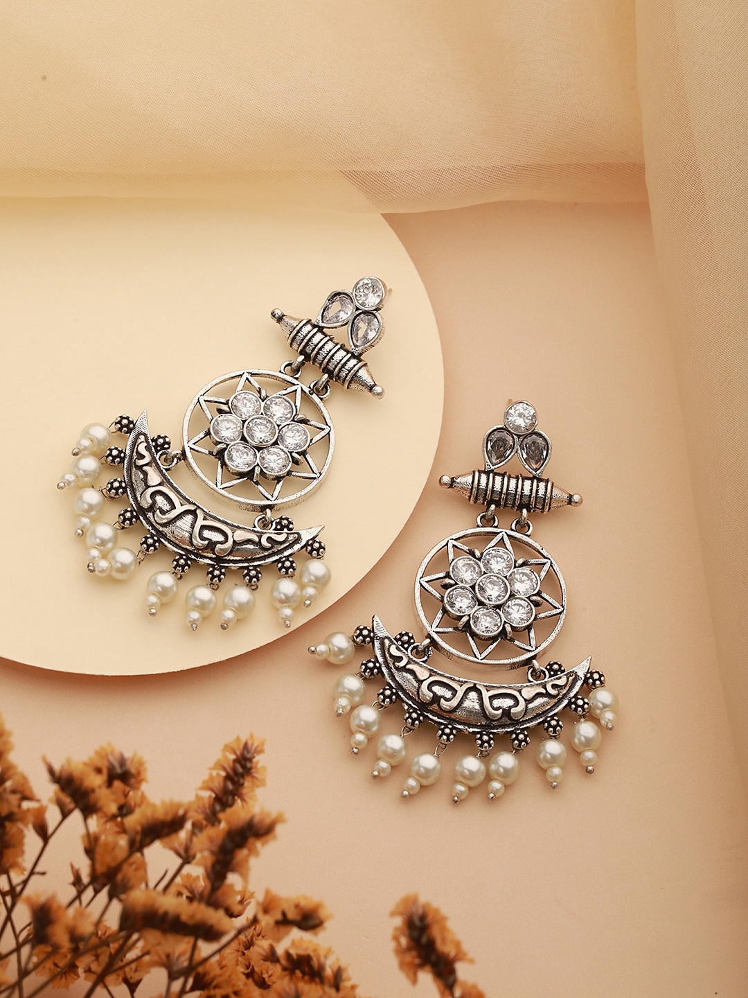 

Saraf RS Jewellery Rhodium-Plated Oxidised American Diamond-Studded Chandbalis, Silver