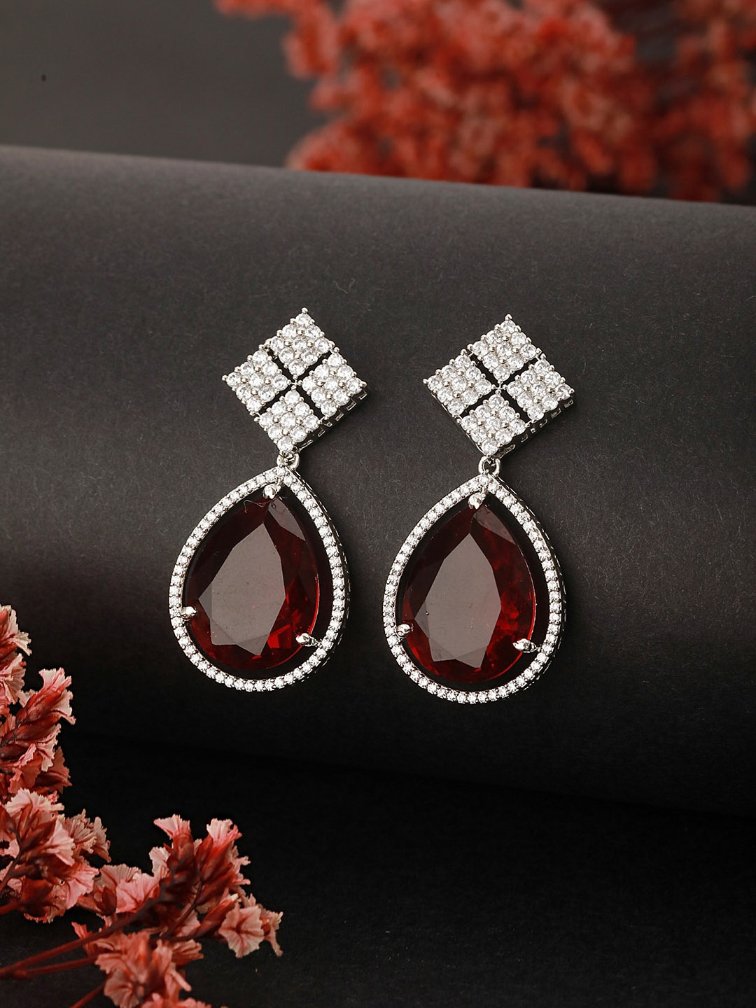 

Saraf RS Jewellery Silver-Plated Contemporary Drop Earrings, Red