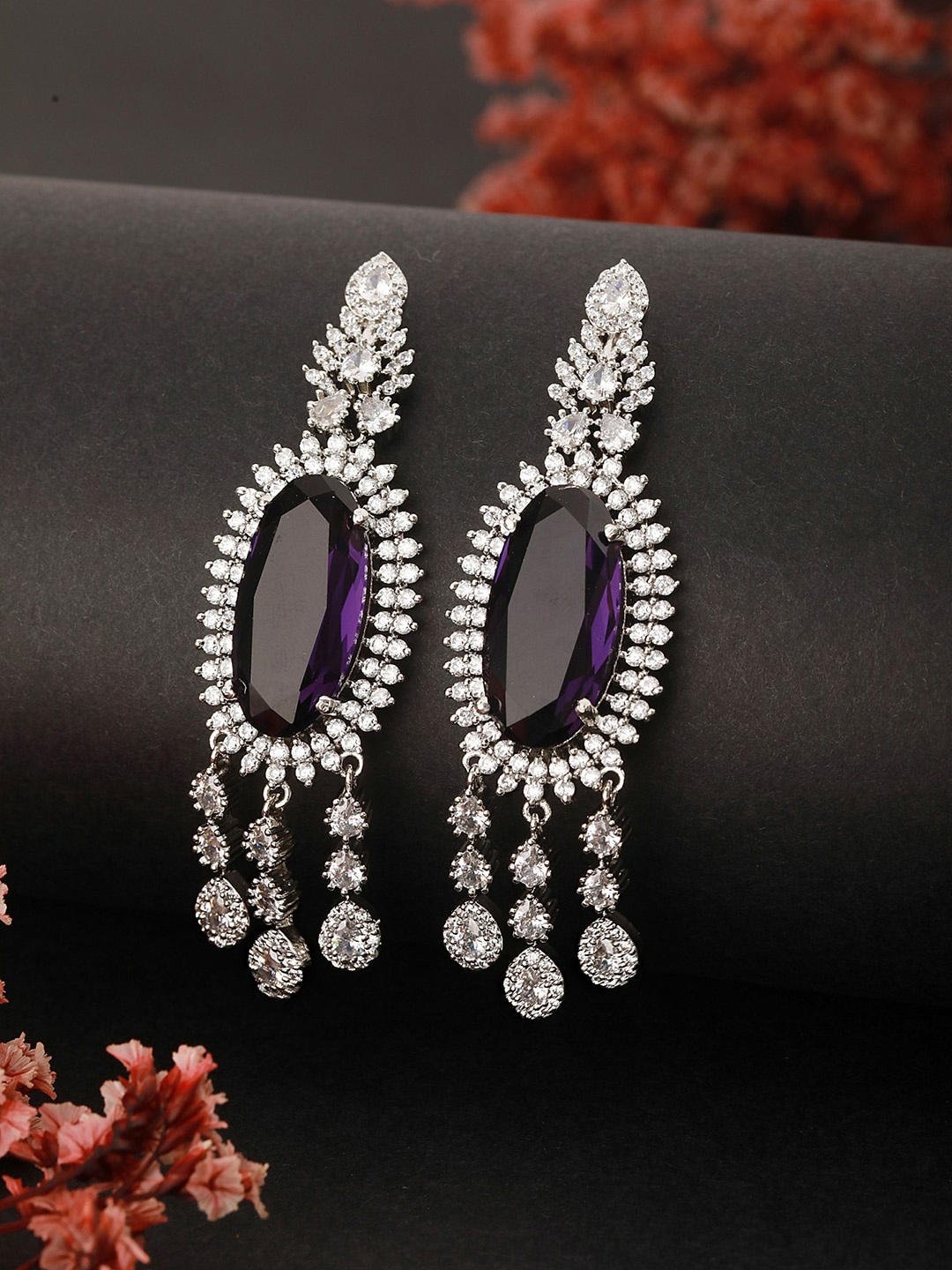 

Saraf RS Jewellery Silver-Plated Cubic Zirconia Studded Contemporary Drop Earrings