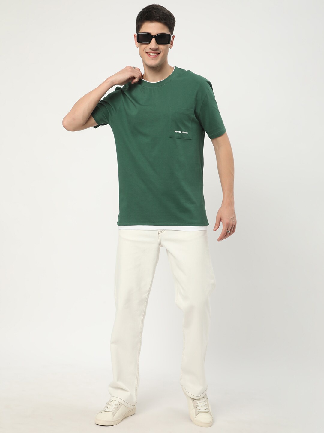 

R&B Round Neck Pocket Cotton T-shirt, Green