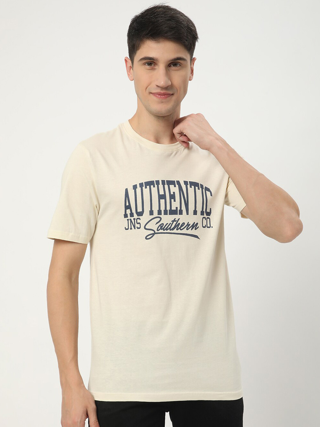 

R&B Typography Printed Cotton T-shirt, Cream