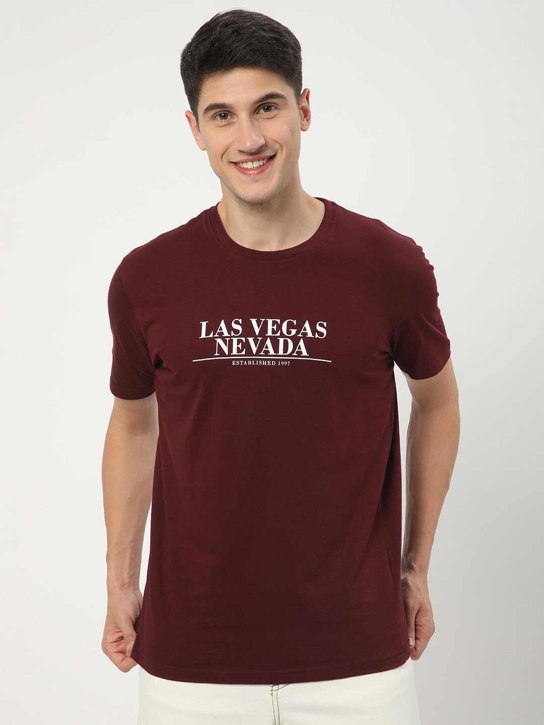 

R&B Typography Printed Cotton T-shirt, Maroon