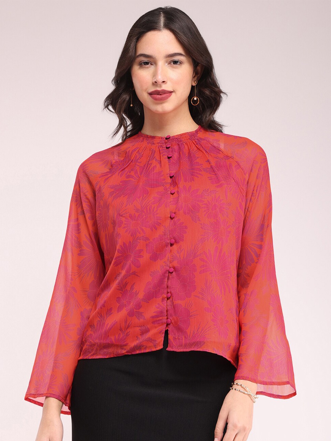 

FableStreet Floral Printed Semi Sheer Shirt Style Top, Orange