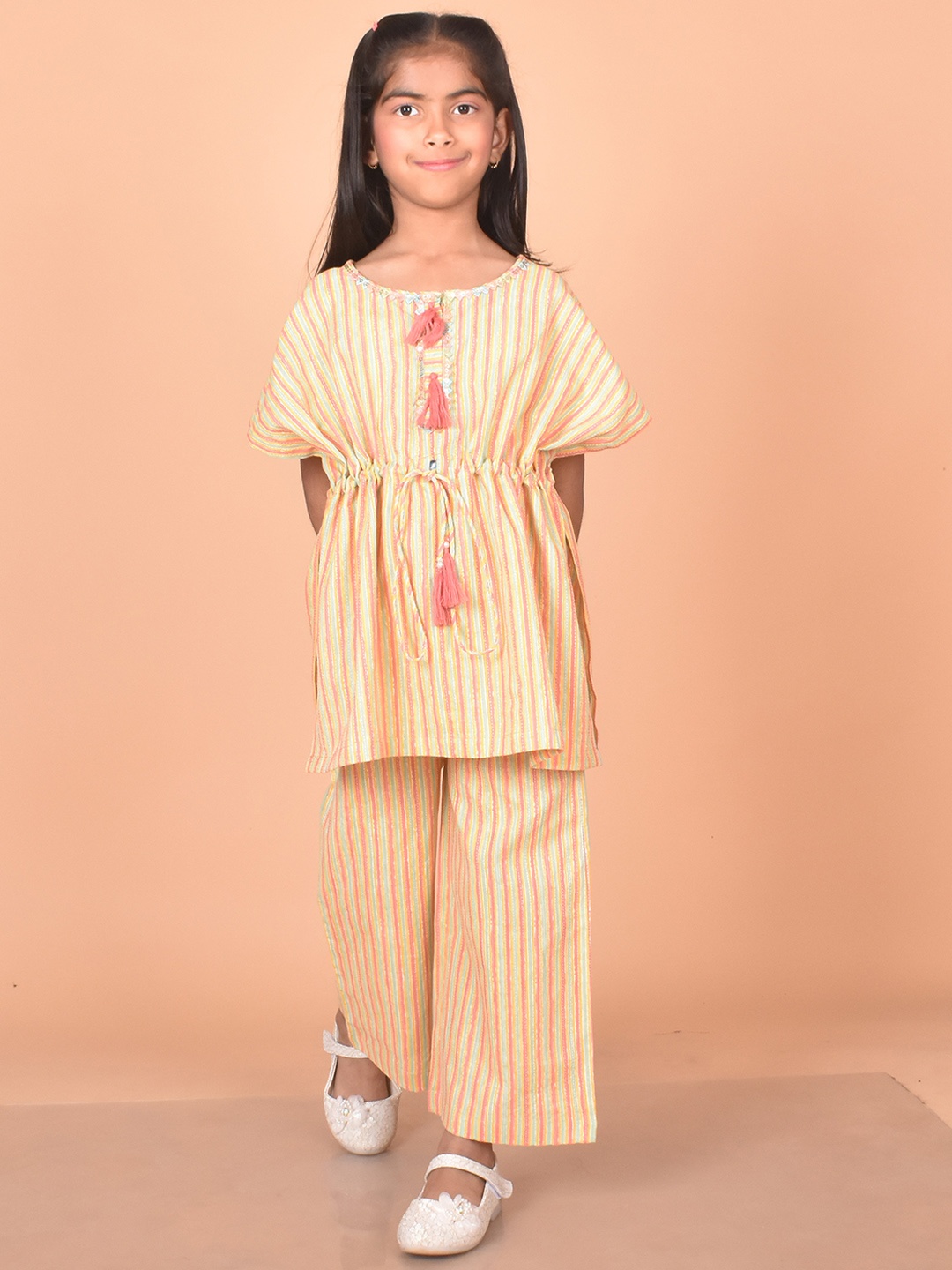 

misbis Girls Striped Pure Cotton Top With Palazzos, Orange