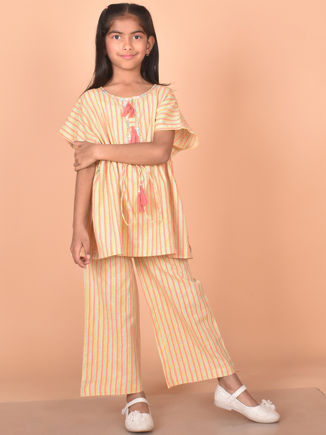 

BAESD Girls Striped Pure Cotton Kaftan Top With Trouser, Orange