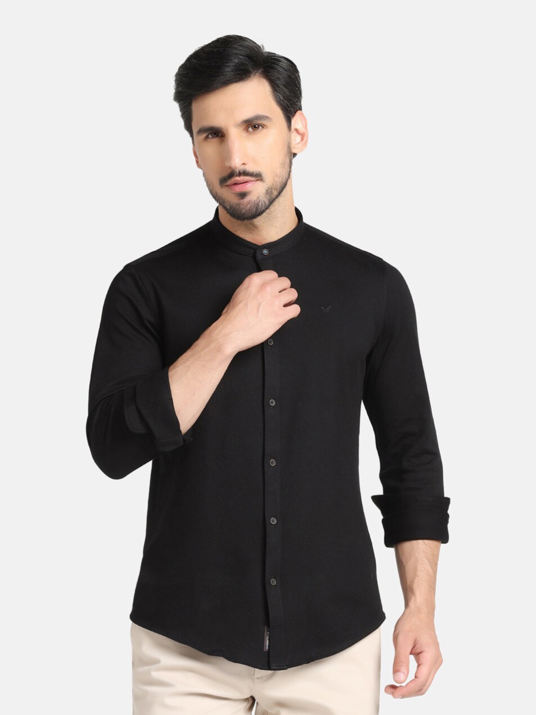 

Blackberrys Skinny Fit Mandarin Collar Cotton Casual Shirt, Black