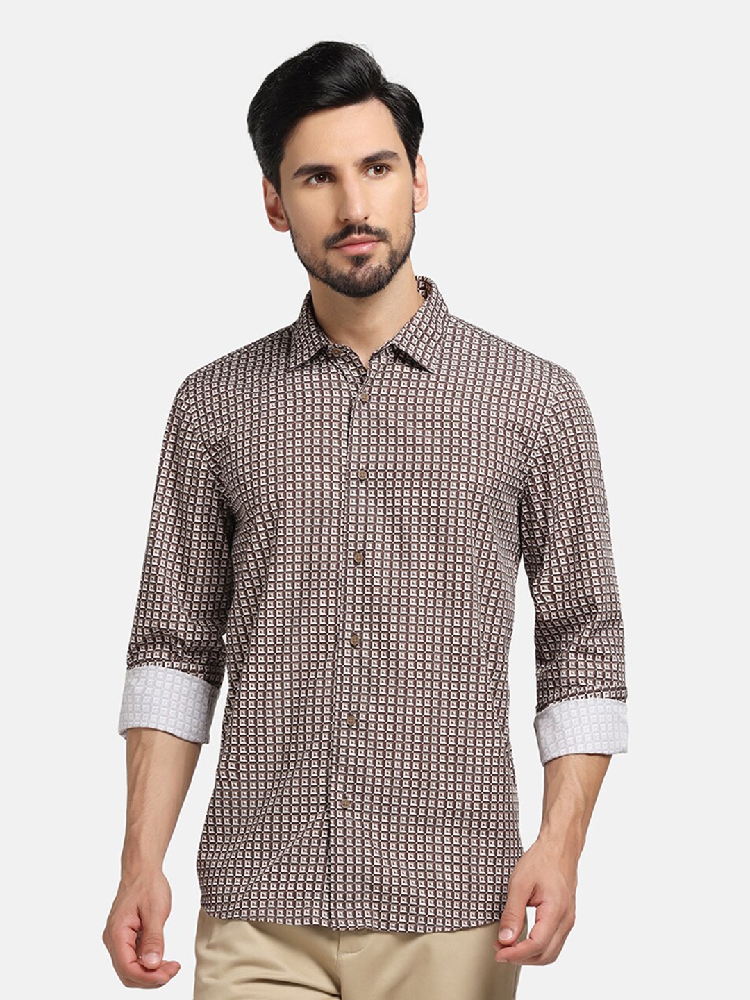 

Blackberrys Slim Fit Geometric Printed Cotton Casual Shirt, Brown