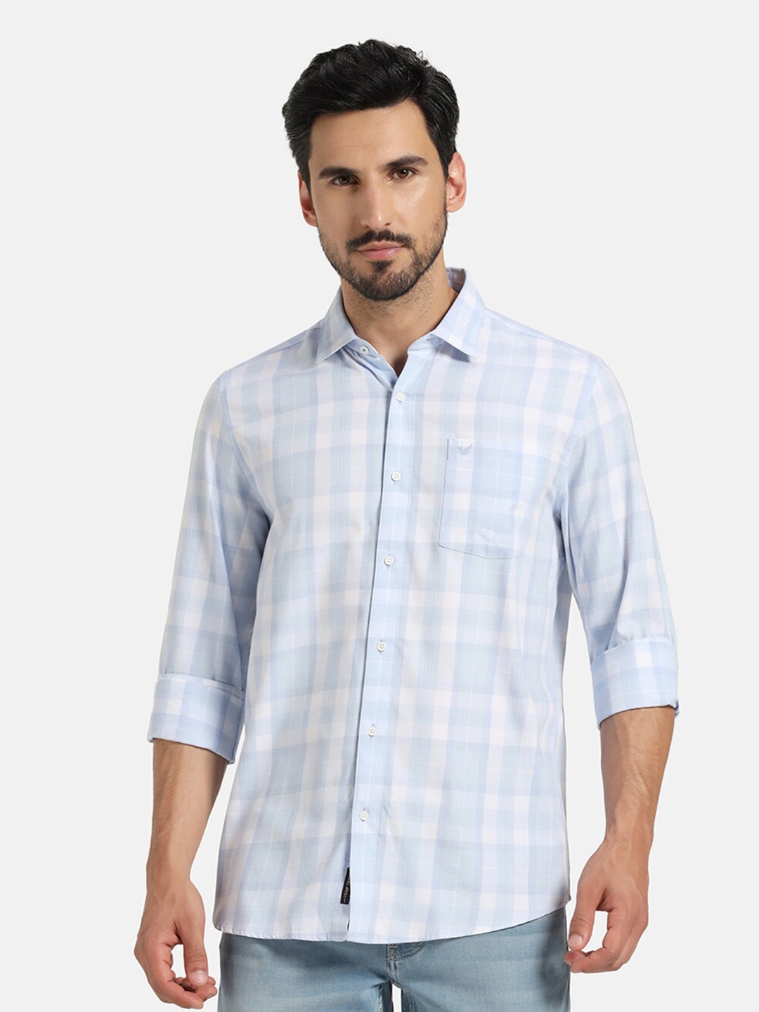 

Blackberrys Comfort Fit Slim Fit Checked Spread Collar Casual Shirt, Blue