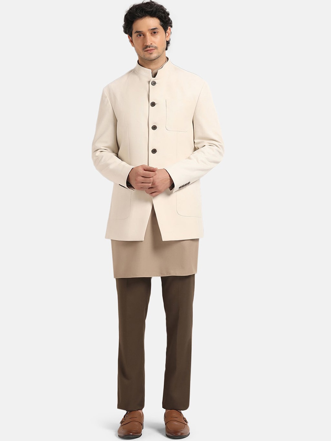 

Blackberrys Mandarin Collar Linen Single-Breasted Three Piece Sherwani, Beige