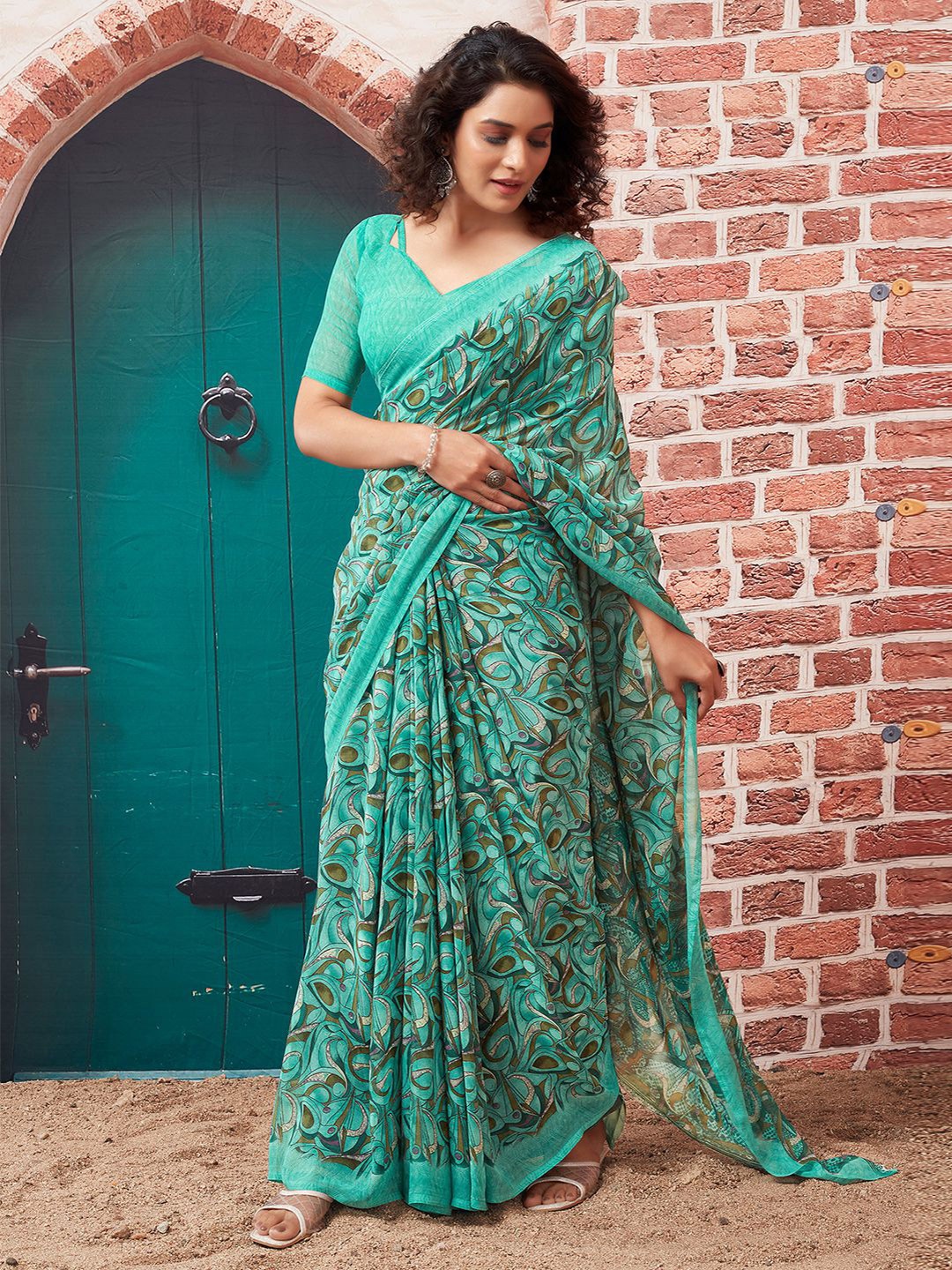 

KALINI Abstract Printed Maheshwari Saree, Turquoise blue