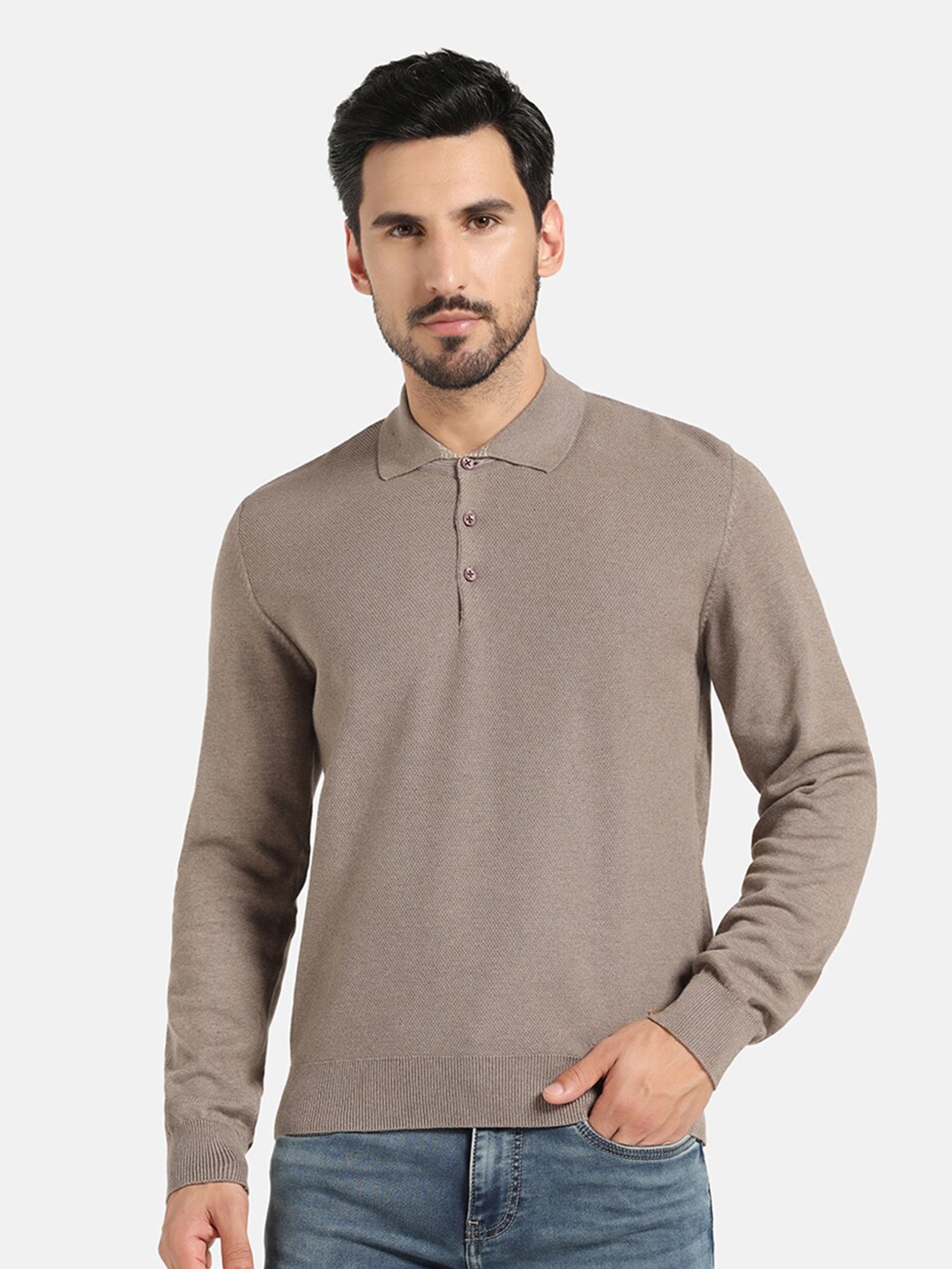 

Blackberrys Shirt Collar Long Sleeves Cotton Knit Pullover Sweater, Brown