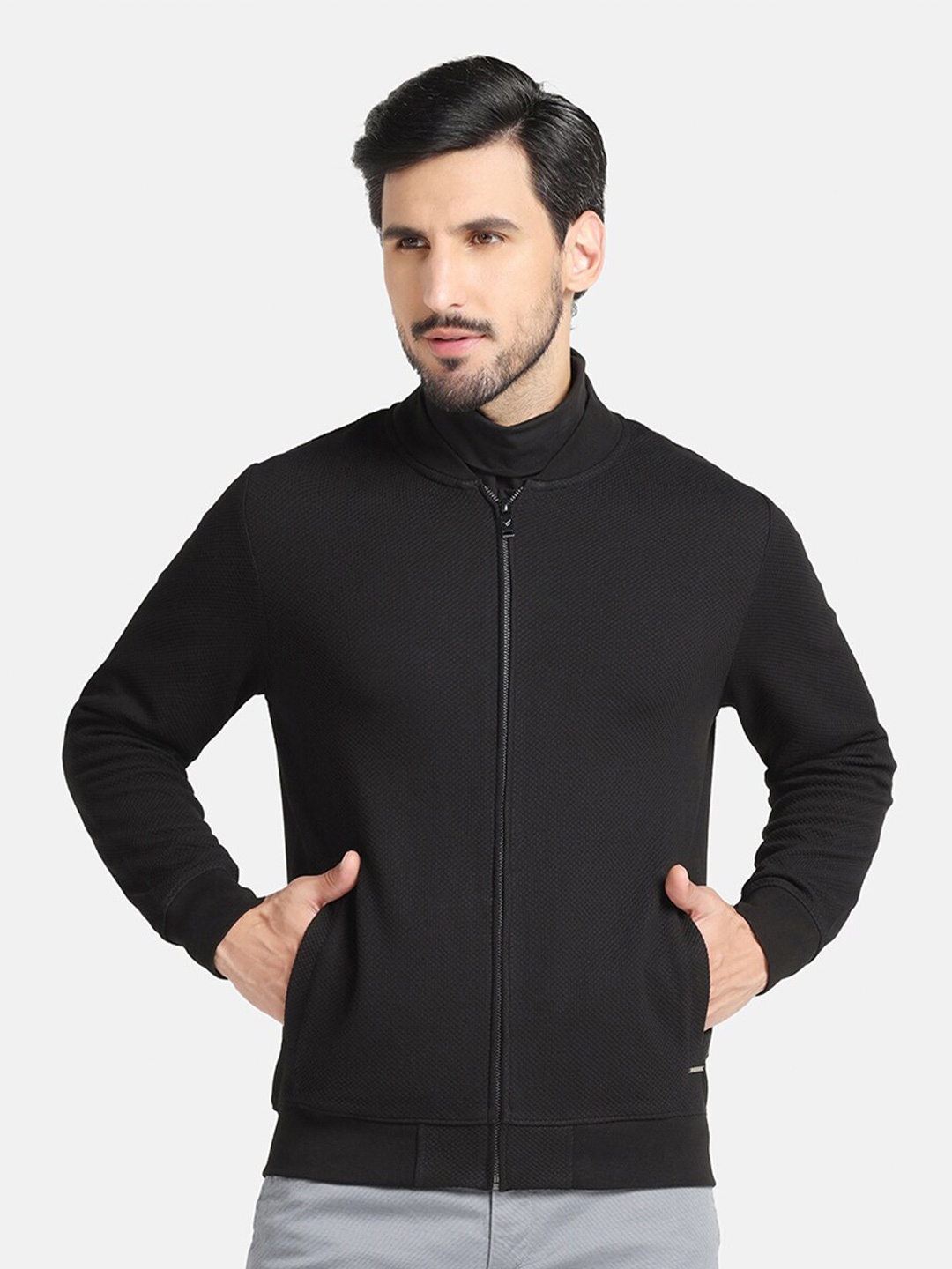 

Blackberrys Self Design Front-Open Cotton Sweatshirt, Black