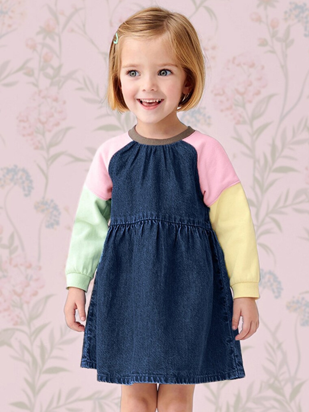 INCLUD Girls A-Line Knitted Denim Dress, Navy blue