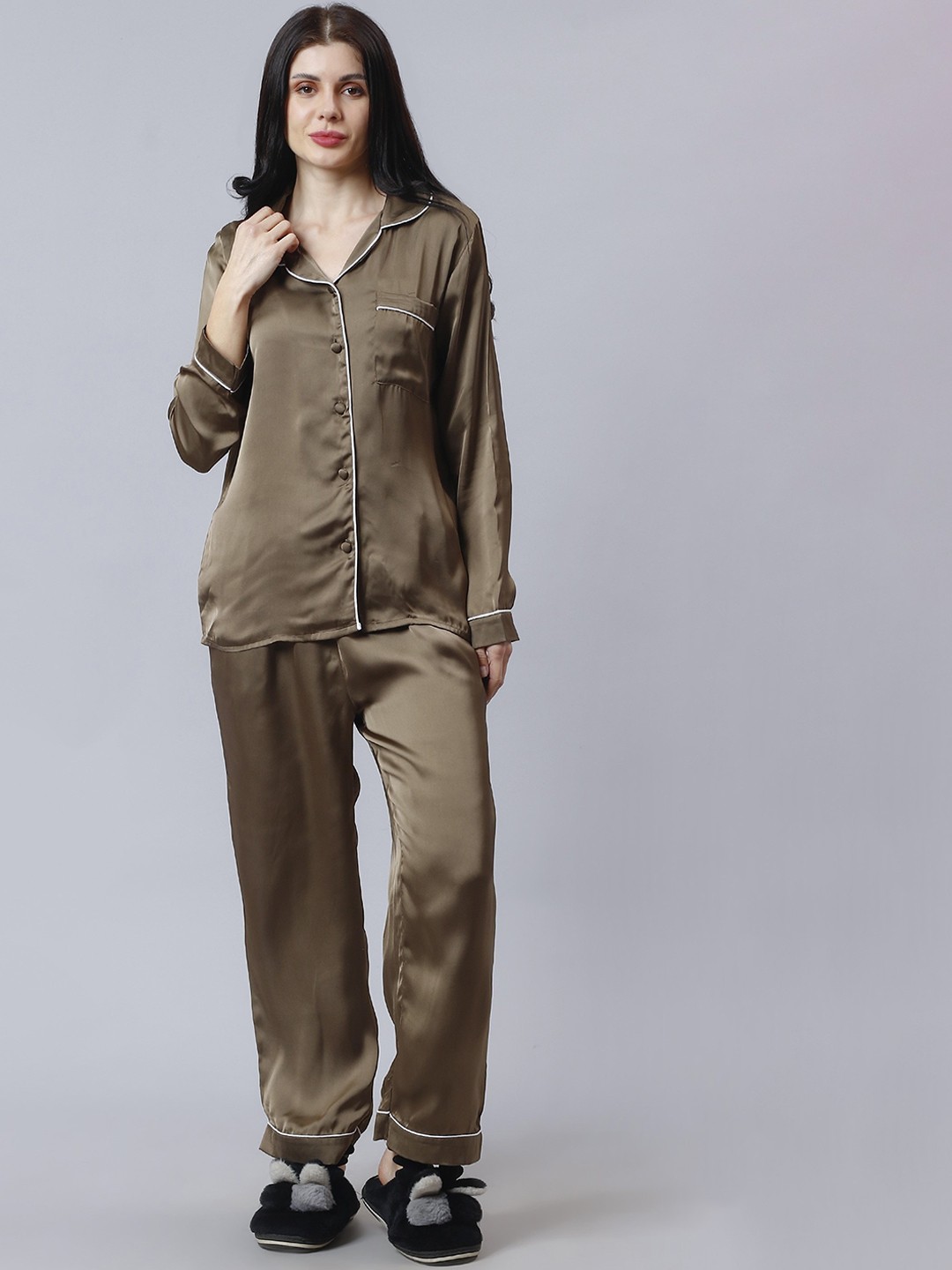

NUEVOSDAMAS Lapel Collar Satin Night suit, Olive