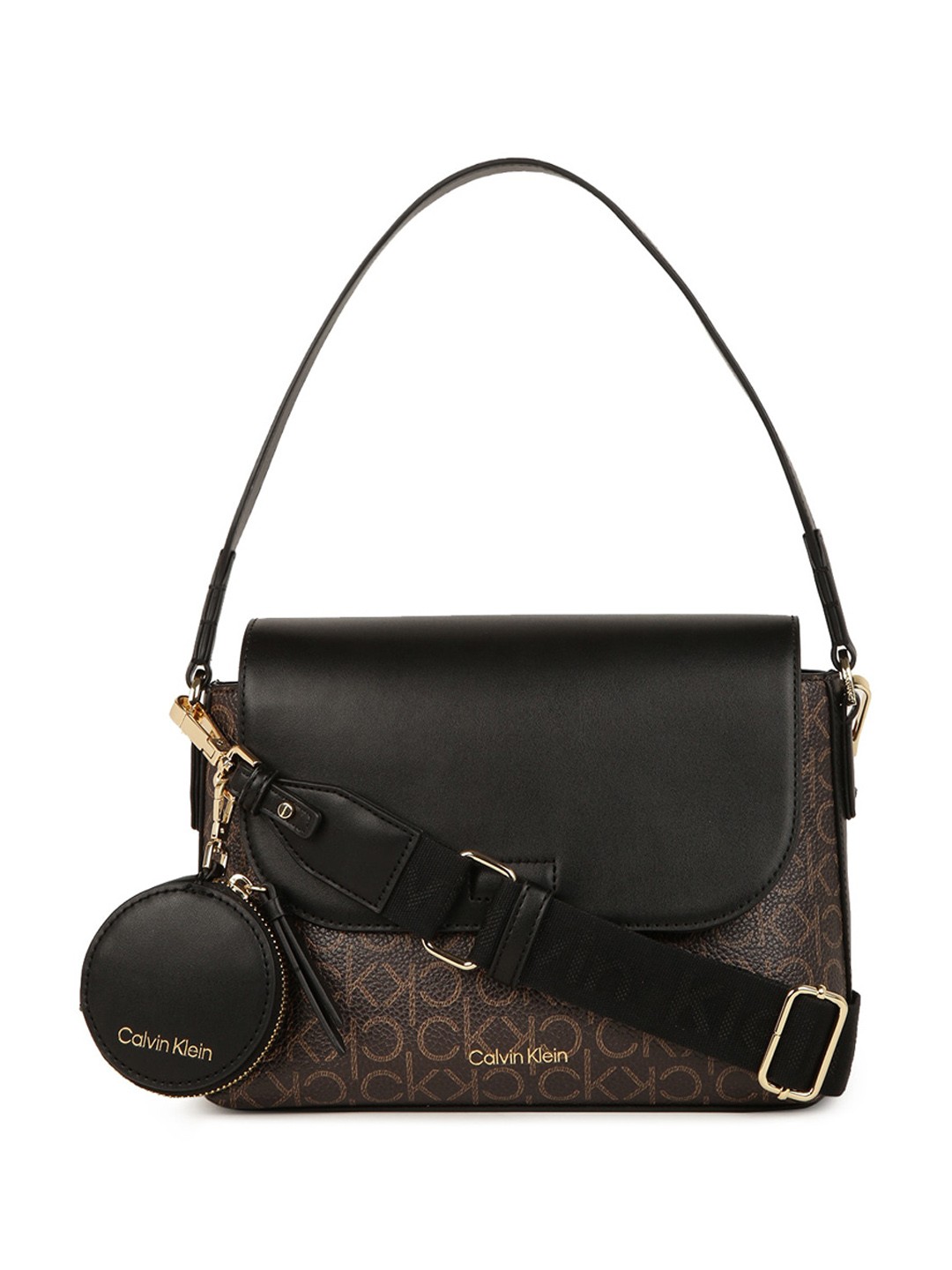 

Calvin Klein Typography Printed Structured Shoulder Bag With Pouch, Brown