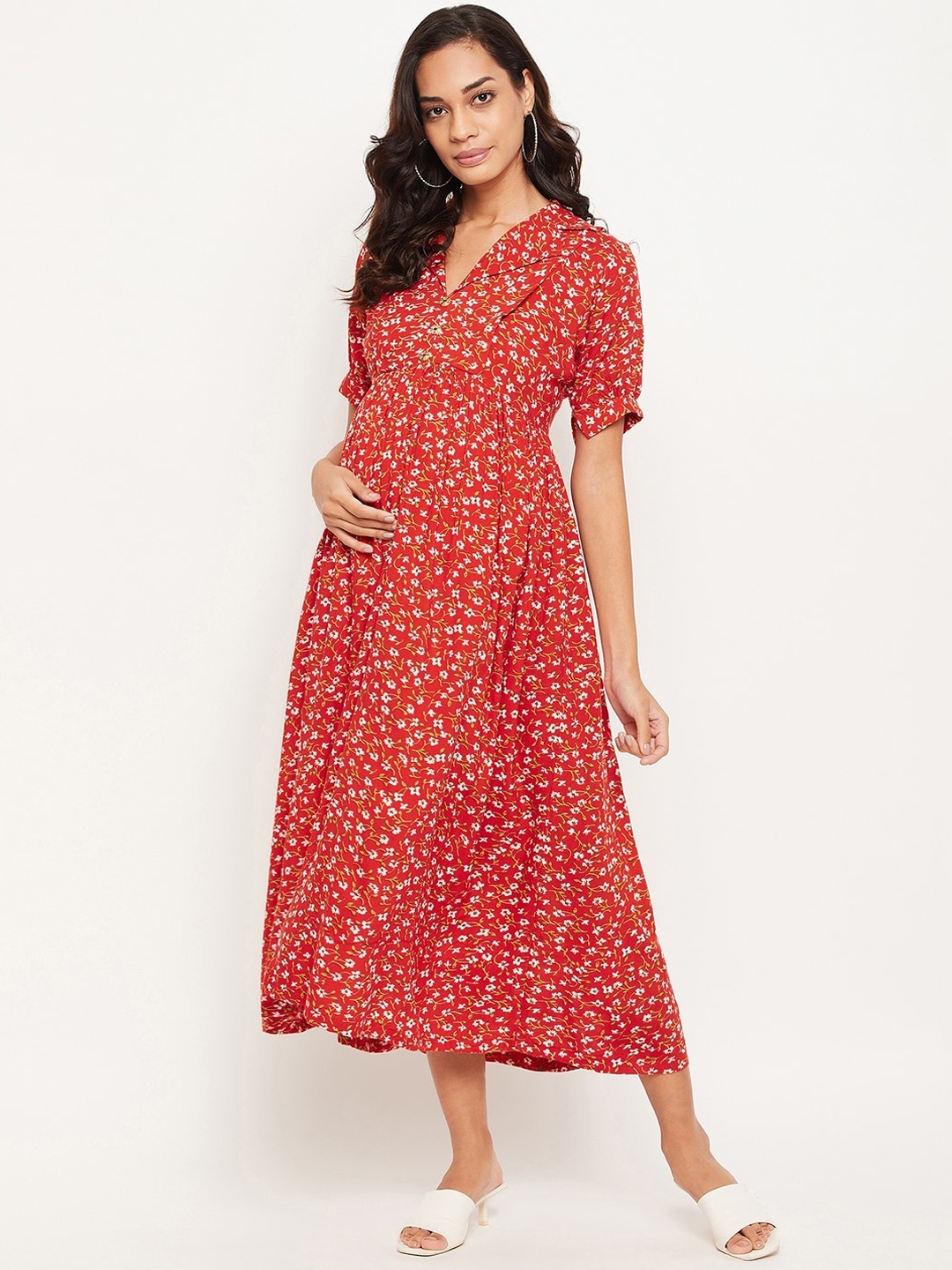 

NABIA Floral Printed Fit & Flare Midi Maternity Dress, Red