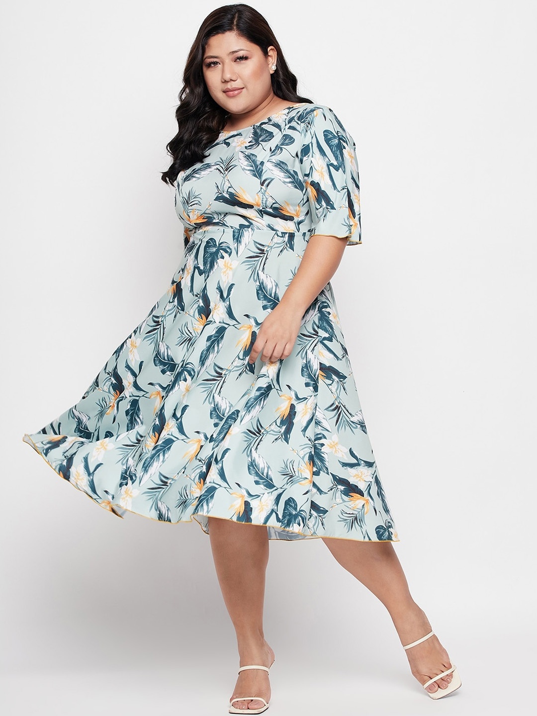 

NABIA Plus Size Floral Printed Flared Sleeves Fit & Flare Midi Dress, Blue