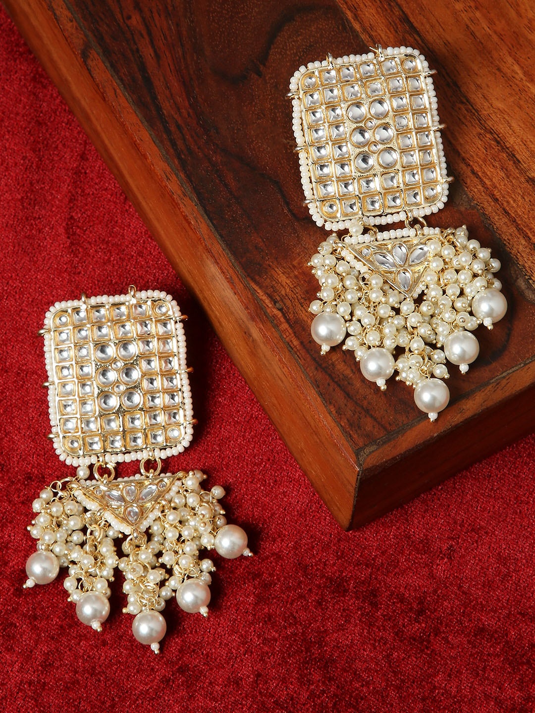 

OOMPH Kundan-Studded & Pearls Beaded Large Square Drop Earrings, Gold