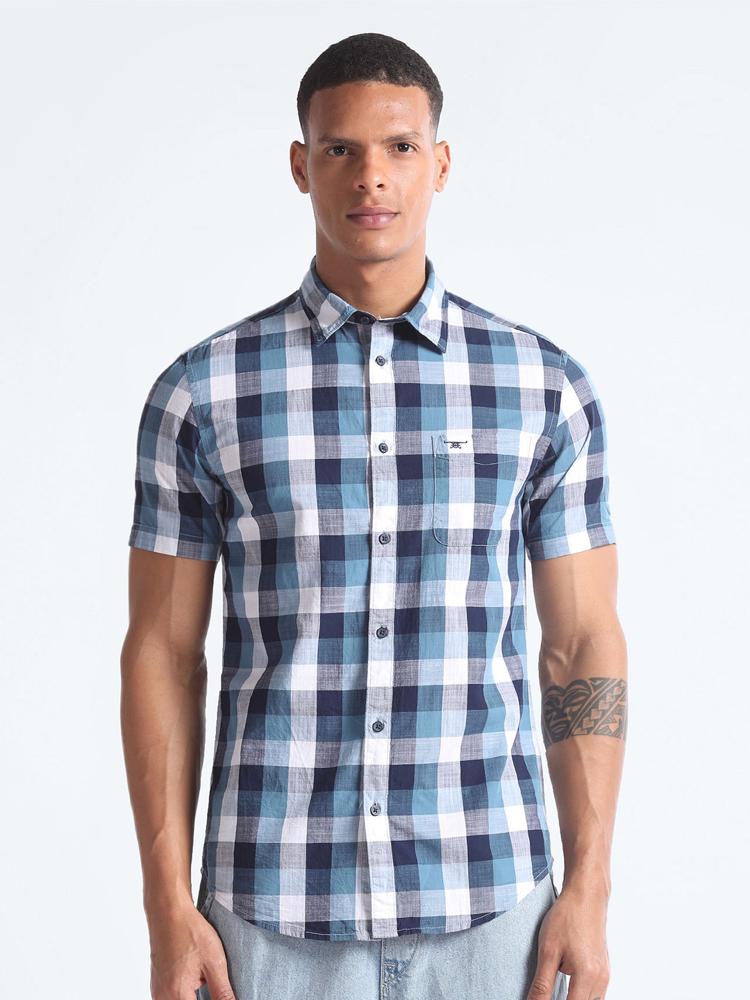 

Flying Machine Checked Cotton Slim Fit Opaque Casual Shirt, Blue