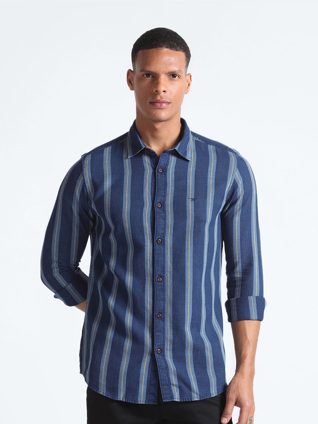 Flying Machine Slim Fit Opaque Striped Cotton Casual Shirt, Blue