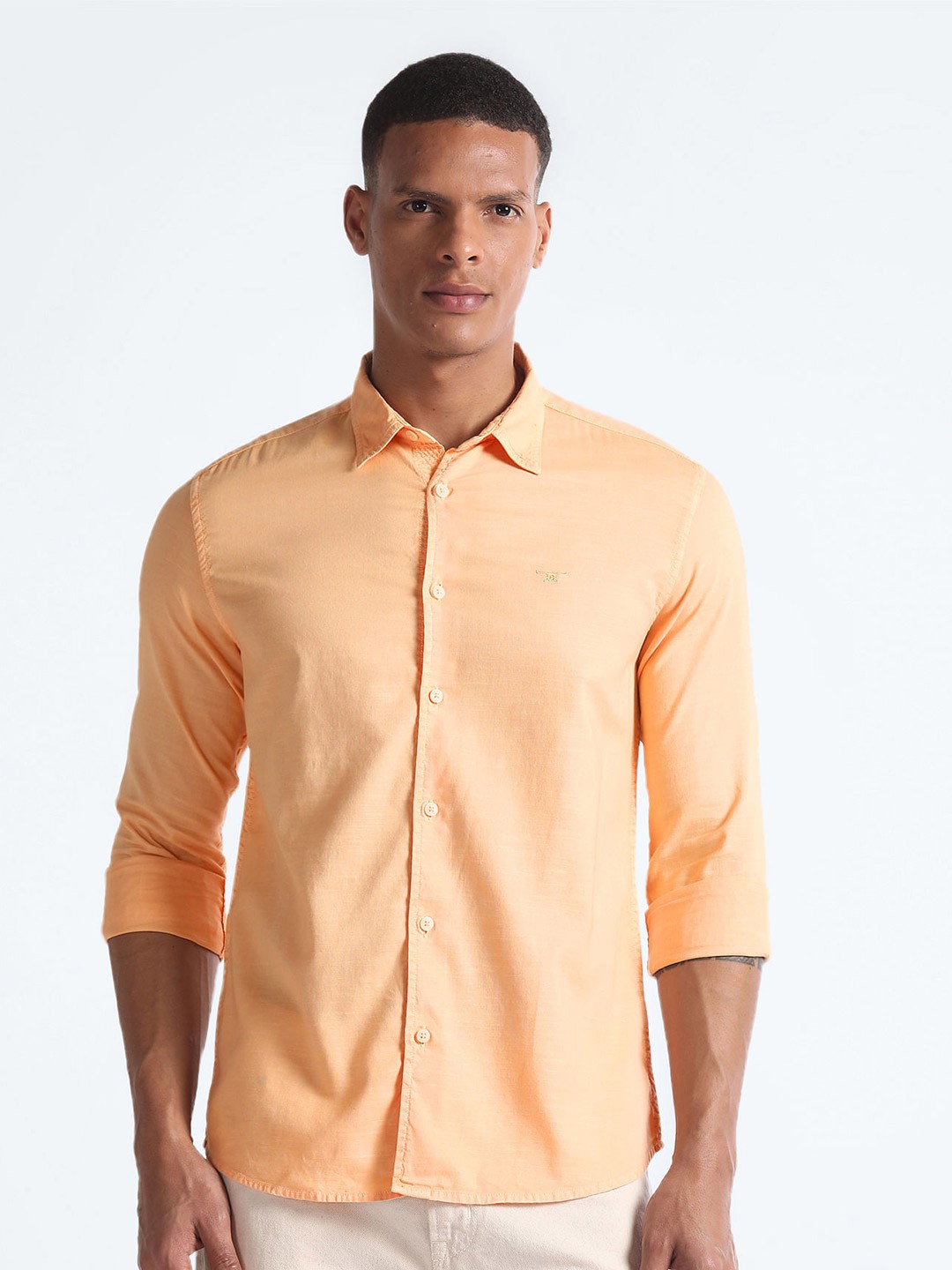 

Flying Machine Spread Collar Slim Fit Opaque Cotton Casual Shirt, Yellow