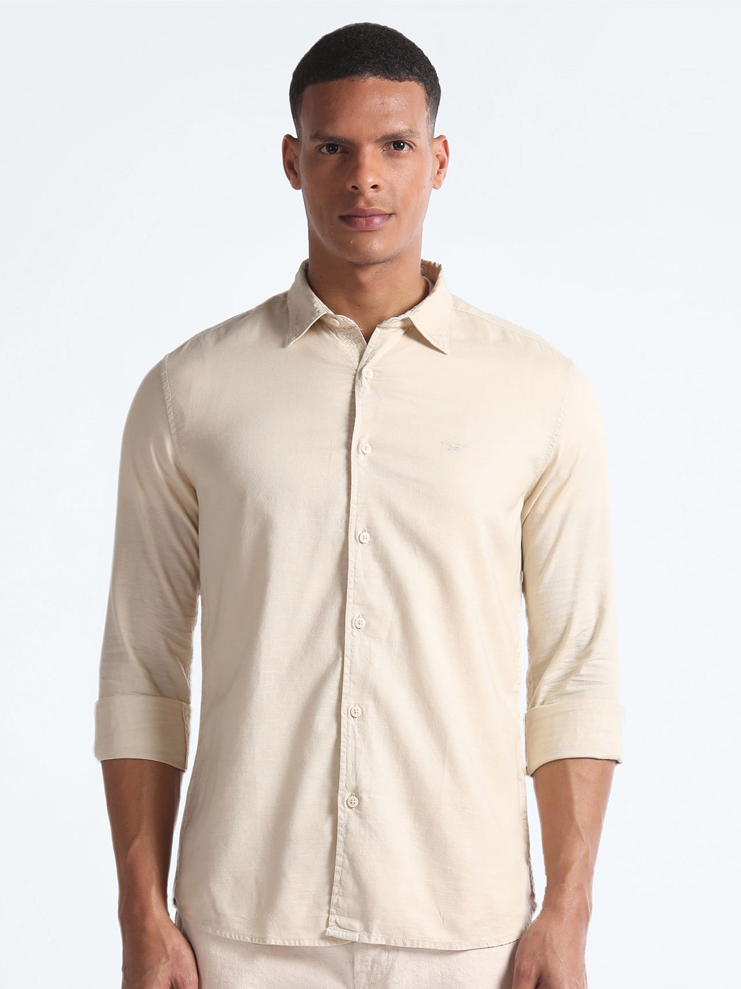 

Flying Machine Spread Collar Cotton Slim Fit Opaque Casual Shirt, Beige