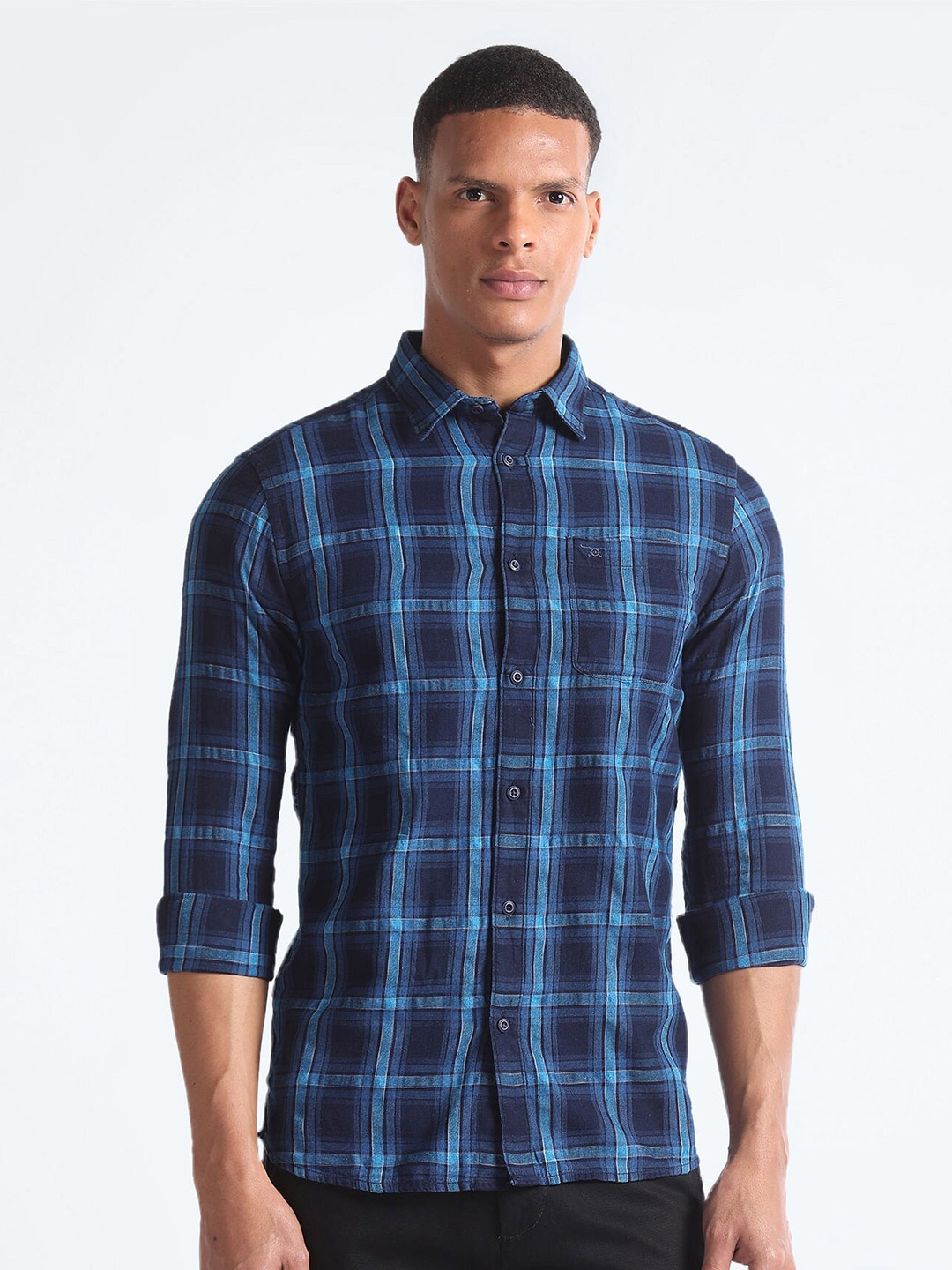

Flying Machine Spread Collar Slim Fit Opaque Checked Cotton Casual Shirt, Blue