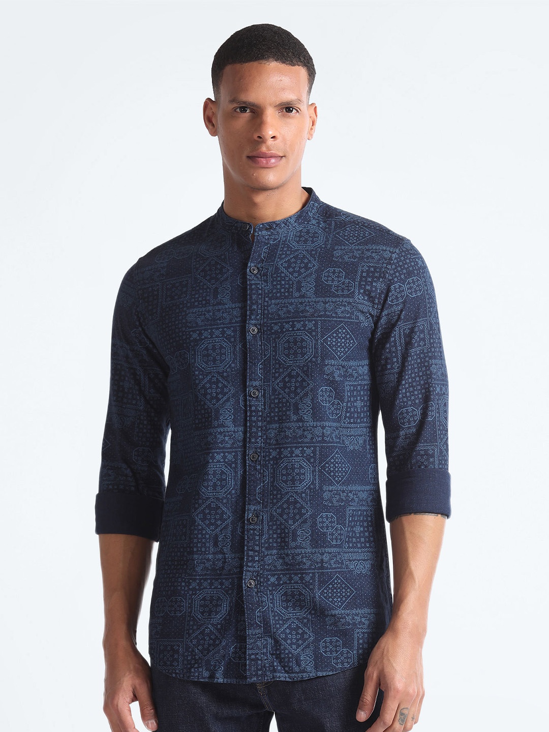 Flying Machine Mandarin Collar Slim Fit Opaque Printed Cotton Casual Shirt, Blue