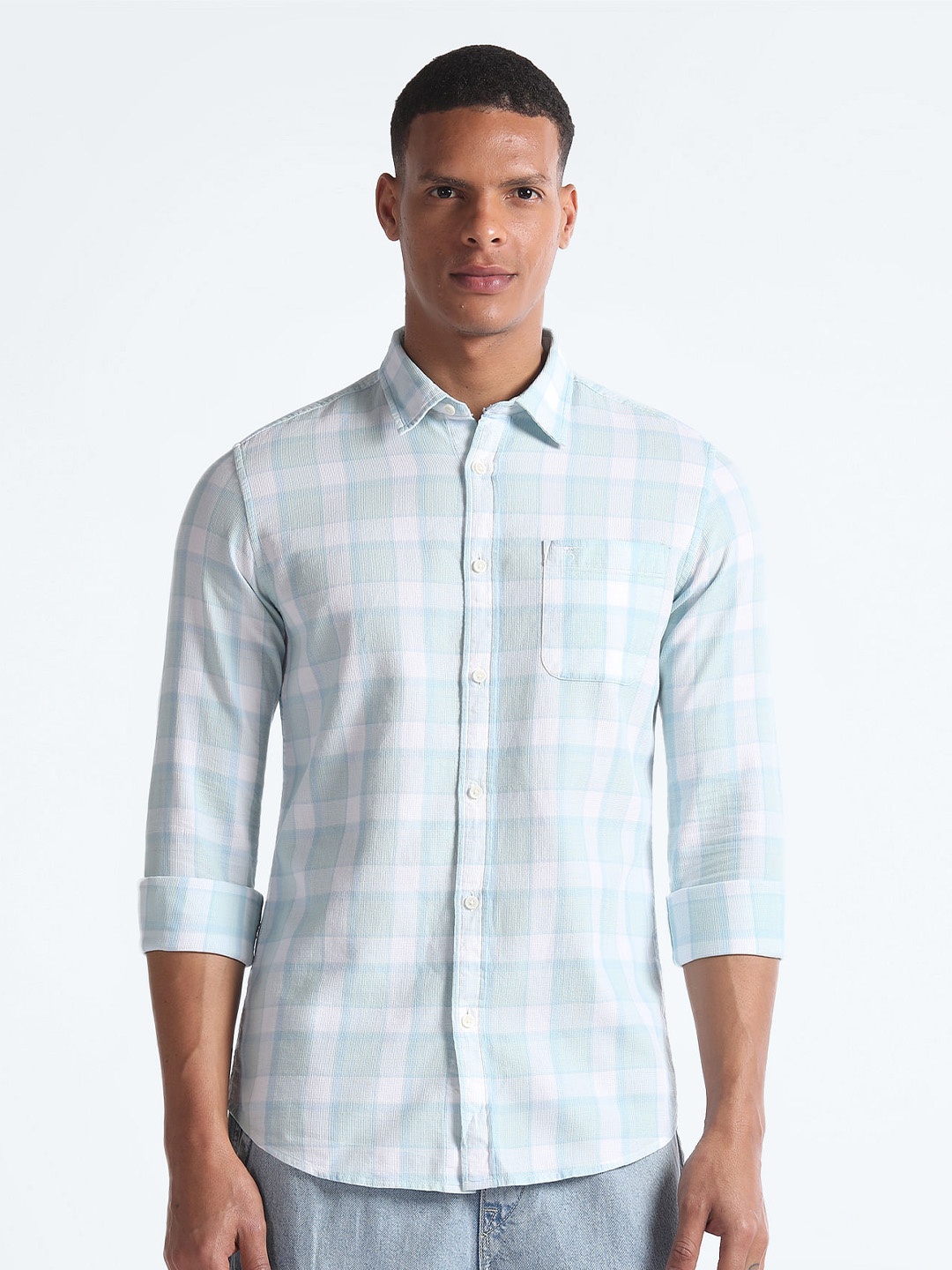 

Flying Machine Checked Cotton Slim Fit Opaque Casual Shirt, Blue