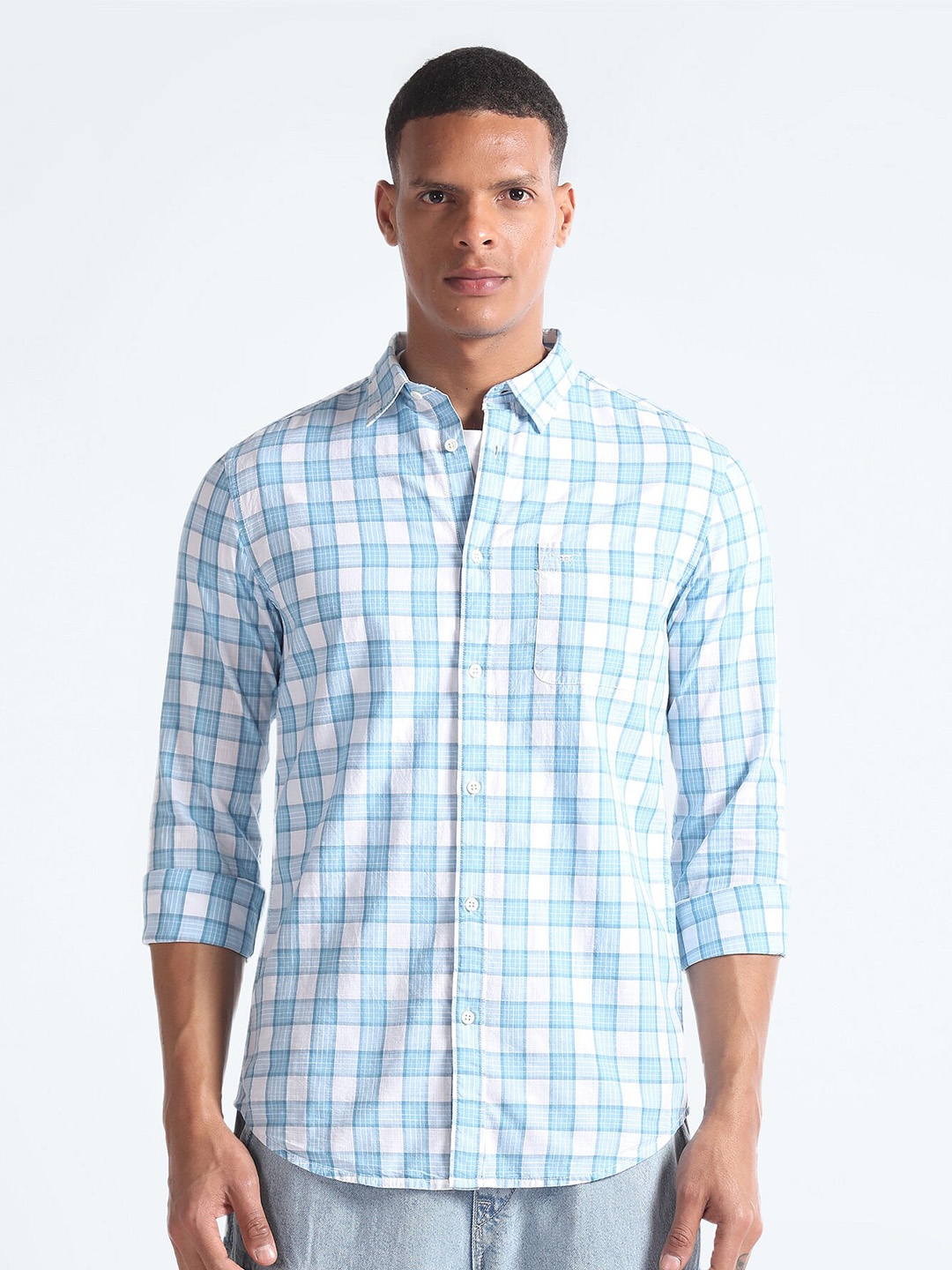 

Flying Machine Slim Fit Opaque Checked Cotton Casual Shirt, Blue