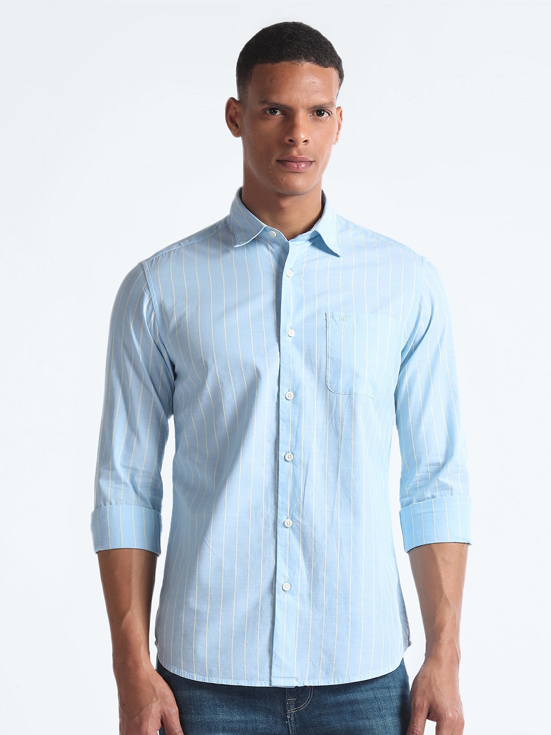 

Flying Machine Slim Fit Opaque Striped Cotton Casual Shirt, Blue