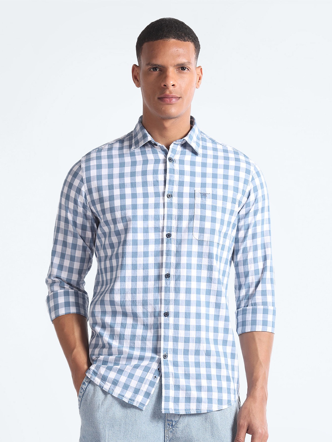 

Flying Machine Spread Collar Slim Fit Opaque Checked Cotton Casual Shirt, Blue
