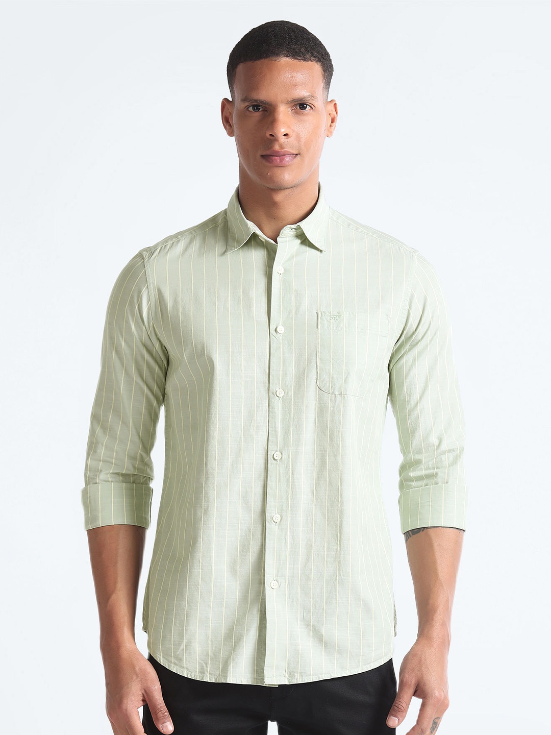 

Flying Machine Slim Fit Opaque Striped Cotton Casual Shirt, Green