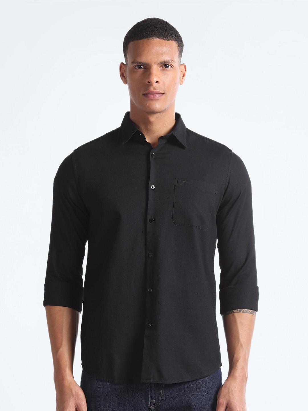Flying Machine Slim Fit Opaque Cotton Casual Shirt, Black